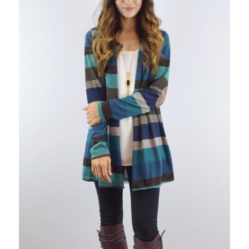 Teal & Brown Stripe Open Cardigan